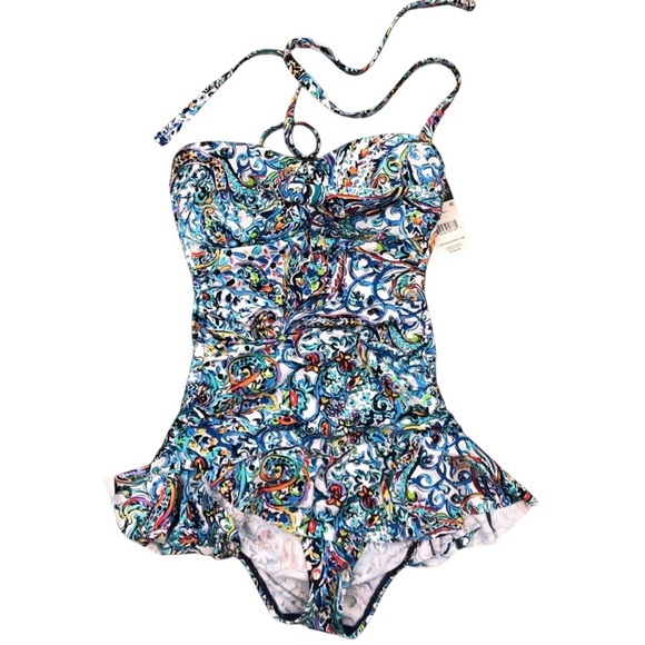 NWT LAUREN BY RALPH LAUREN BLUE MULTI ONE PIECE SWIM SKIRT/DRESS SIZE 6 - Picture 3 of 14